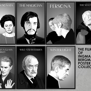 Op de afbeelding: Een zwart-wit postercollectie van Ingmar Bergman-films. De posters tonen afbeeldingen van de acteurs en de titels van de films, waaronder "Herfstsonate", "De Tovenaar", "Persona", "Het Zevende Zegel", "Als in een Spiegel", "Wilde Aardbeien", "Winterlicht" en "De Films van Ingmar Bergman Poster Collection".