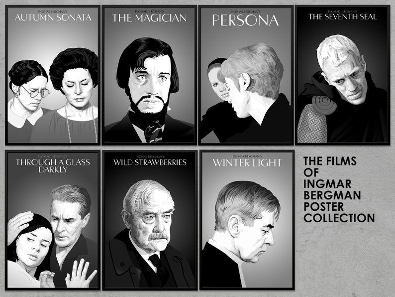 Op de afbeelding: Een zwart-wit postercollectie van Ingmar Bergman-films. De posters tonen afbeeldingen van de acteurs en de titels van de films, waaronder "Herfstsonate", "De Tovenaar", "Persona", "Het Zevende Zegel", "Als in een Spiegel", "Wilde Aardbeien", "Winterlicht" en "De Films van Ingmar Bergman Poster Collection".