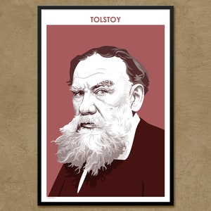 Puede incluir: Una ilustraci&oacute;n en blanco y negro de Le&oacute;n Tolst&oacute;i, un famoso escritor ruso, con una larga barba blanca. La ilustraci&oacute;n est&aacute; sobre un fondo rosa con la palabra "TOLSTOY" en blanco en la parte superior.