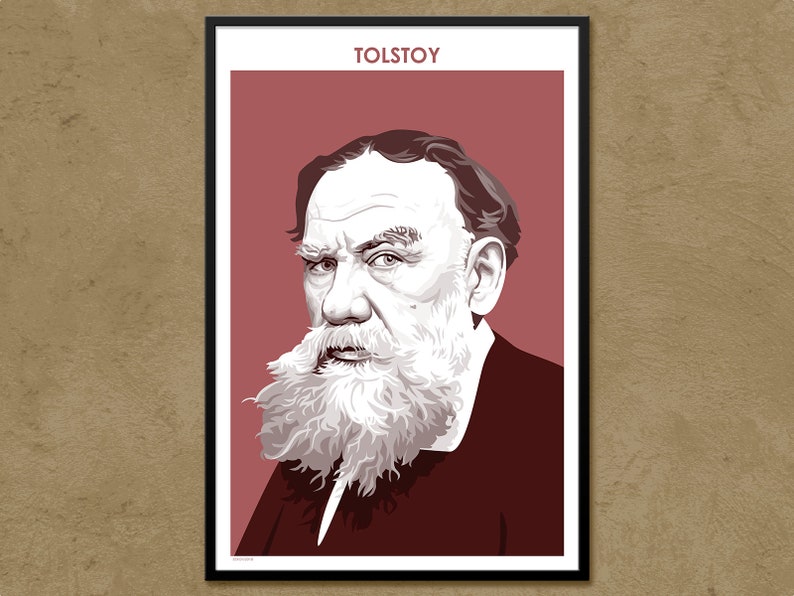 Puede incluir: Una ilustraci&oacute;n en blanco y negro de Le&oacute;n Tolst&oacute;i, un famoso escritor ruso, con una larga barba blanca. La ilustraci&oacute;n est&aacute; sobre un fondo rosa con la palabra "TOLSTOY" en blanco en la parte superior.