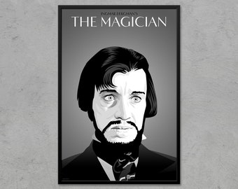 May include: Black and white poster featuring a man's face with the text "INGMAR BERGMAN'S THE MAGICIAN" at the top.