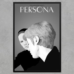 以下が含まれることがあります： イングマール・ベルイマン監督の映画「Persona」の白黒ポスター。ポスターには、2人の女性が描かれており、一人は背を向けて、もう一人は正面を向いている。映画のタイトルは、ポスターの上部に大きく太字で書かれている。