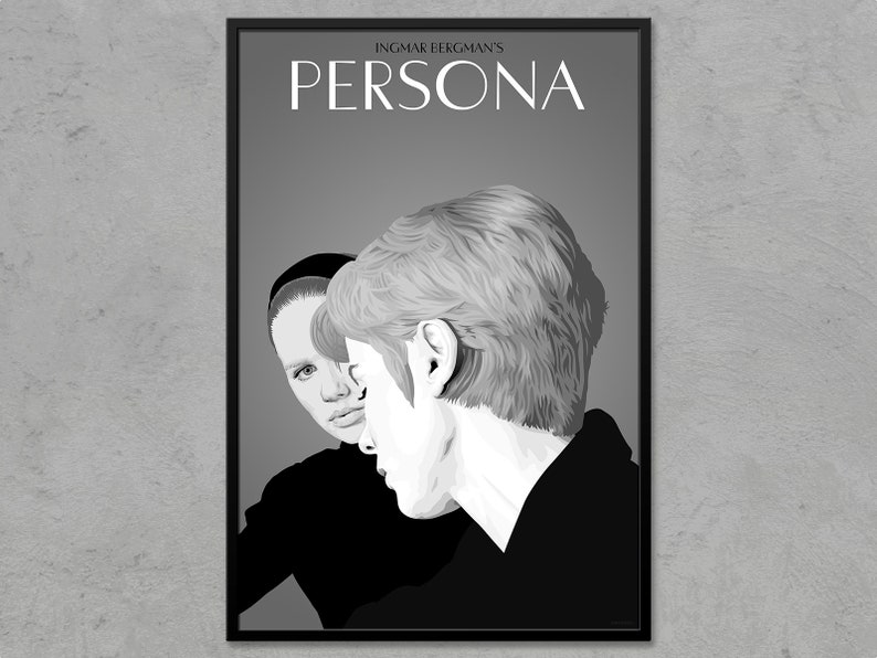 Op de afbeelding: Een zwart-wit poster voor de film "Persona" van Ingmar Bergman. De poster toont twee vrouwen, een met haar rug naar de kijker en de andere met haar gezicht naar de kijker. De titel van de film staat in grote, vetgedrukte letters bovenaan de poster.