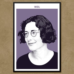 Può includere: Un'illustrazione in bianco e nero di una donna con i capelli corti e ricci che indossa degli occhiali. Lo sfondo è di colore lilla chiaro. Il testo "WEIL" è in alto nell'immagine.