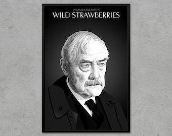 May include: Black and white poster featuring a portrait of a man with a mustache. The poster has the text "INGMAR BERGMAN'S WILD STRAWBERRIES" at the top.