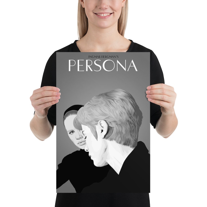 Op de afbeelding: Zwart-witte poster met de titel "Ingmar Bergman's Persona" in witte tekst. De poster toont een close-up van twee vrouwen, de een achter de ander.