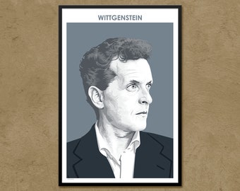 May include: A black and white illustration of Ludwig Wittgenstein, a famous philosopher, against a light blue background. The text "WITTGENSTEIN" is at the top of the image.