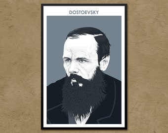 May include: A black and white illustration of Fyodor Dostoevsky, a Russian novelist, with a thick beard and a serious expression. The illustration is set against a gray background with the word "DOSTOEVSKY" in white text at the top.