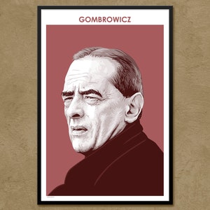 May include: A black and white portrait of a man with the name "GOMBROWICZ" printed in white at the top of the image. The background is a solid red color.
