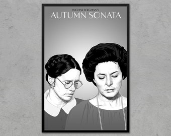 May include: Black and white poster for the film "Autumn Sonata" by Ingmar Bergman. The poster features two women, one with glasses and one without, looking down.