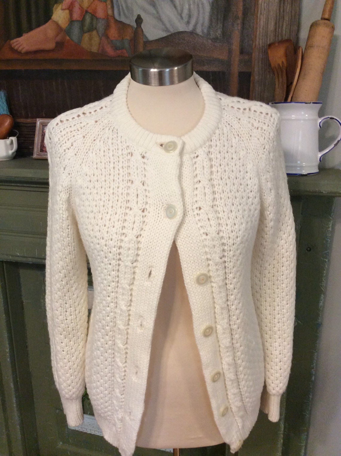 Vintage 100 Acrylic Cardigan Sweater Ivory Button Up Etsy
