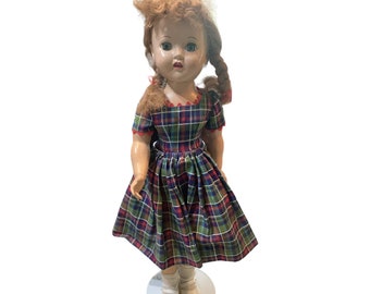 Pretty Vintage Hard Plastic Walker Doll Pigtails Plaid Dress Green Blue