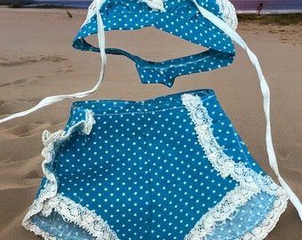Vintage Doll Dress Bisque Ideal Vogue MOD Swimsuit Polka Dot Blue