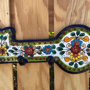 Talavera Ceramic Key Holder Modern Art Design Authentic Puebla Mexico Fine Pottery Hanging Wall Art Decor Signed Green Outline