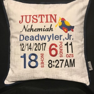 Airplane Birth Announcement Pillow...Embroidered with baby&#39;s birth information