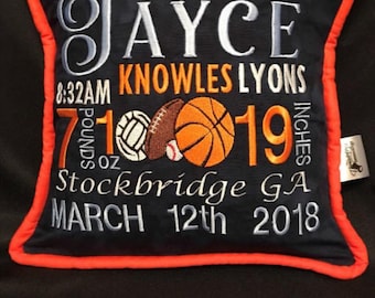 Almofada de anúncio de nascimento All Sport... bordada com informações de nascimento do bebê