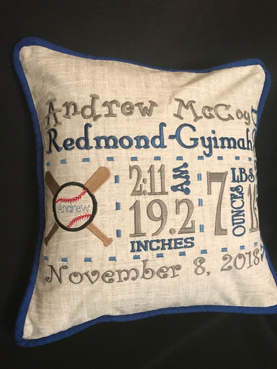 embroidered birth announcement pillow