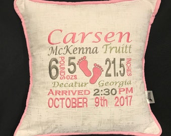 Baby’s Footprint Birth Announcement Pillow...Embroidered with baby's birth information