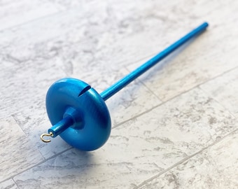 Handmade Top Whorl Drop Spindle: Metallic Peacock Blue Birch Wood