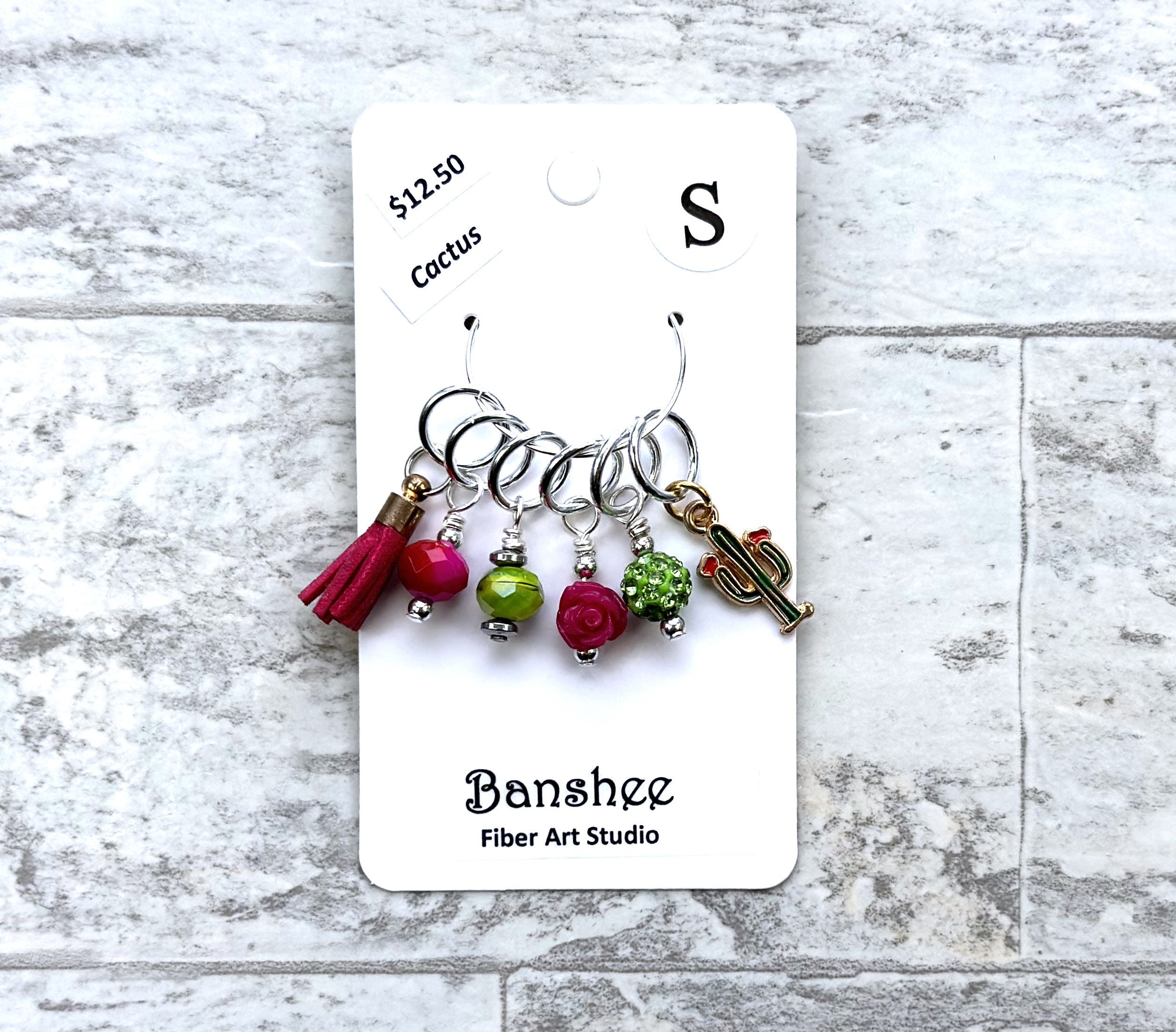6-Piece Cactus Stitch Markers With Brass Clasps - Enamel Plant Theme Crochet & Knitting Accessories