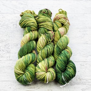 May include: Three skeins of yarn in shades of green and yellow with a hint of pink. The yarn is twisted and has a variegated pattern.
