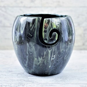 Barn Owl Yarn Bowl Large B & W Hand Painted Ceramic With Four Yarn Channel  