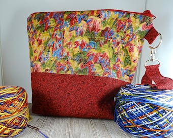 Quilted Knitting Project Bag: Leaf Print, Red Contrast
