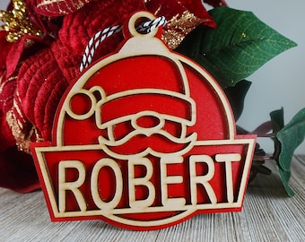 Personalized Santa Face Christmas Ornament: Laser Cut Wood Bauble