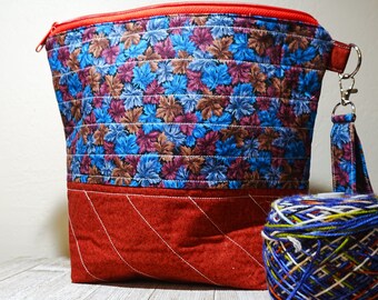 Quilted Knitting Project Bag: Fall Leaves Design, Zippered Crochet Bag