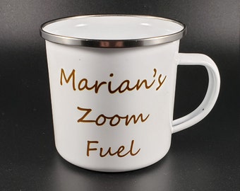 Personalized 11oz Camp Mug, White Enamel with stainless steel rim