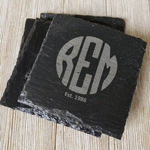 Personalized Slate Coasters: Laser Engraved Monogram Drink Coasters, Set of 4