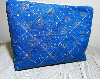 Quilted Cosmetic Pouch: Blue Metallic Fabric Travel Makeup Bag