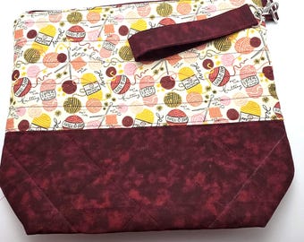 Quilted Knitting Project Bag Knitting Theme Cotton Sack,  Knitting & Crochet Travel Accessory