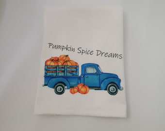 Fall Hand Towel: Blue Truck with Pumpkins, Autumn Decor