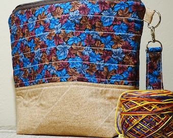 Quilted Knitting Project Bag: Fall Leaves Design, Zippered Cotton Cross-Stitch Bag