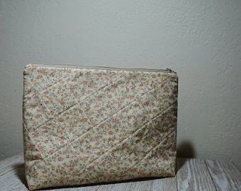 Quilted Cosmetic Pouch: Flat Bottom, Rose Pattern, Travel Makeup Bag