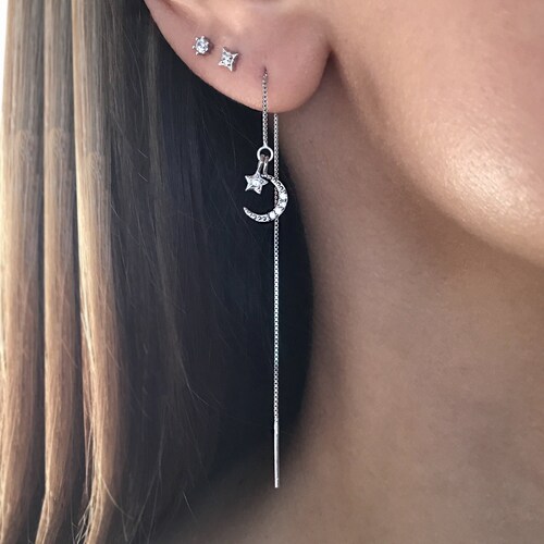 Sterling Silver Moon Threader Earrings Ear Threader Moon Etsy