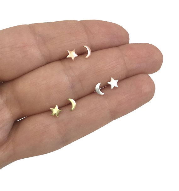 Simple Sterling Silver Jewellery Small Asymmetric Star and Moon Stud Earring...