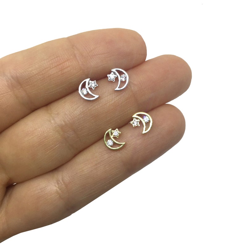 crescent moon earrings moon and star studs Crescent Moon and Star stud earrings in Sterling Silver Moon earrings
