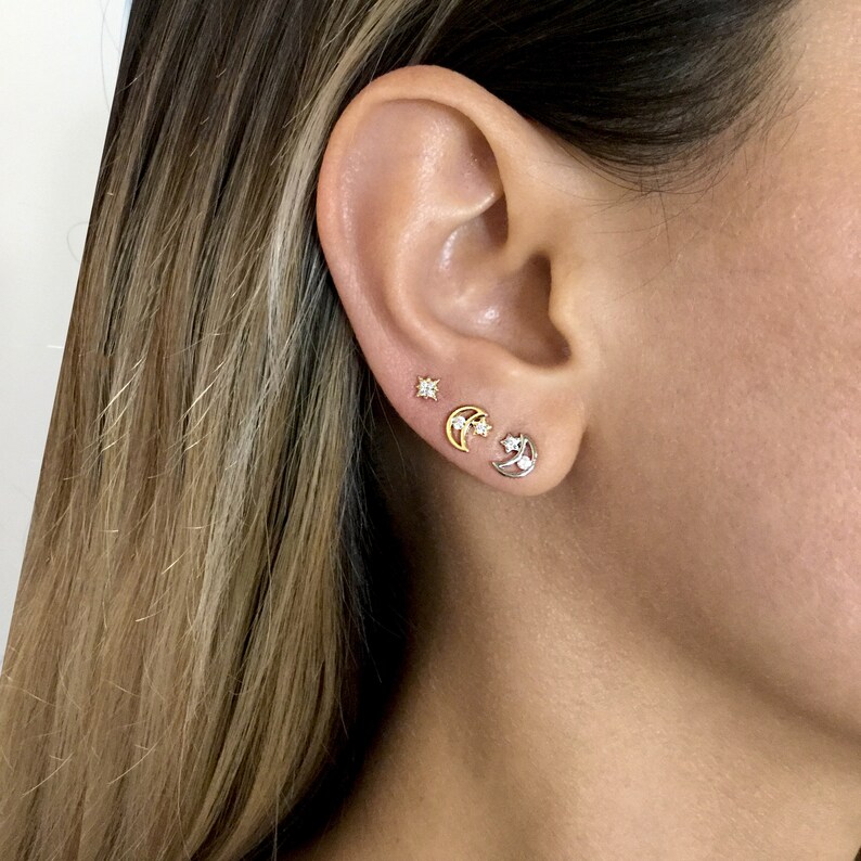 crescent moon earrings moon and star studs Crescent Moon and Star stud earrings in Sterling Silver Moon earrings