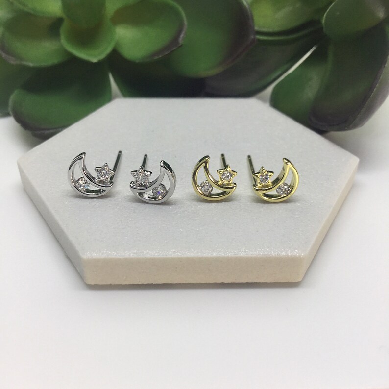 crescent moon earrings moon and star studs Crescent Moon and Star stud earrings in Sterling Silver Moon earrings