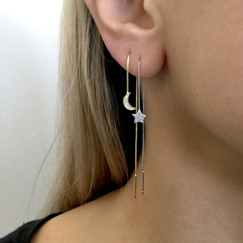ear thread Chain ear threader Chain earrings Star earrings Sterling Silver star and moon earrings Sterling silver threader earrings
