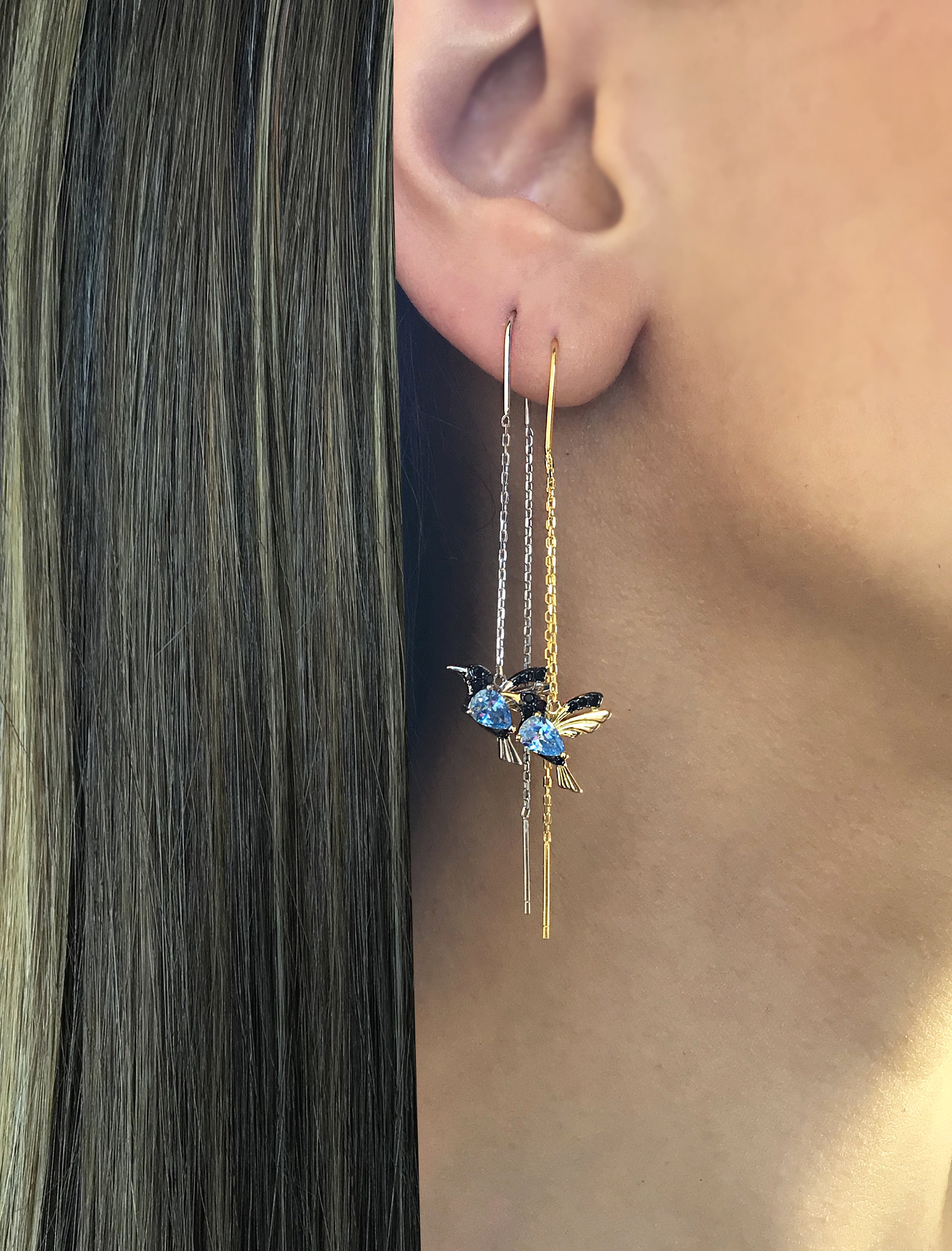 Hummingbird Threader Earrings Sterling 