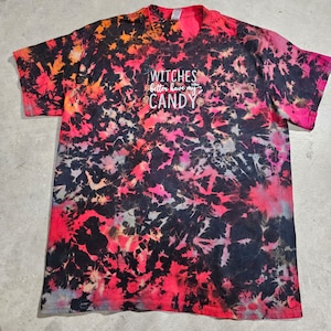 LARGE- Halloween &quot;Witches better have my Candy&quot; Bleached & ICE Tie Dye Graphic multi-colored Crewneck T Shirt Adult LARGE Heavy Cotton