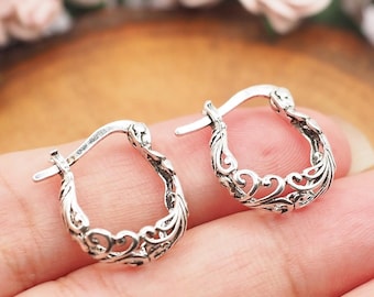 Ethnic Perforate Hoop Earrings, Vintage Bali Hoop earrings, Sterling silver boho earrings, Gift for her / FX24