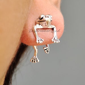 Cute Frog Stud Earrings, Sterling silver Frog ear jacket, Front Back Toad lover gift, Wetland Frog pendent Necklace