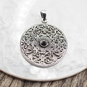Tibetan Lotus Flower with ONYX Pendant Necklace, Mandala Lotus Flower Pendant, Gift for her / GDS8