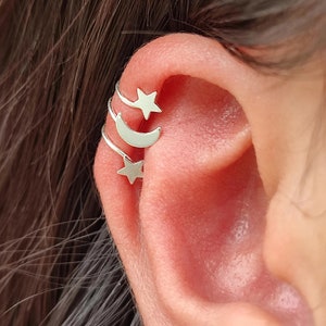 A Pair of Moon Star Ear cuff, Sterling silver Celestial ear cuff, Non Pierced Ear cuff, Boho ear cuff Jewelry /EX12