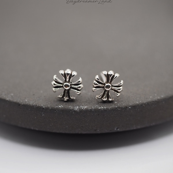 Sterling silver Vintage Punk Cross earrings, Retro Chrome cross earrings, Gift for Him, Men earrings