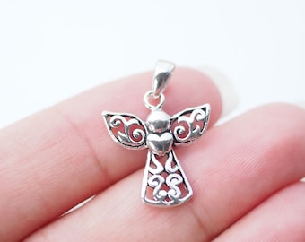 Sterling silver Angel Pendant Necklace, Angel with Heart charm Necklace, Christmas Gift